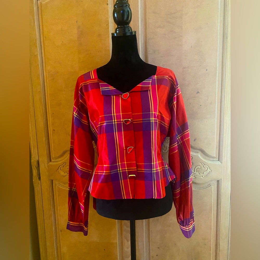 Beautiful Italian”Gabrielle”formal blouse,satin fabric in red,gold,purple colors